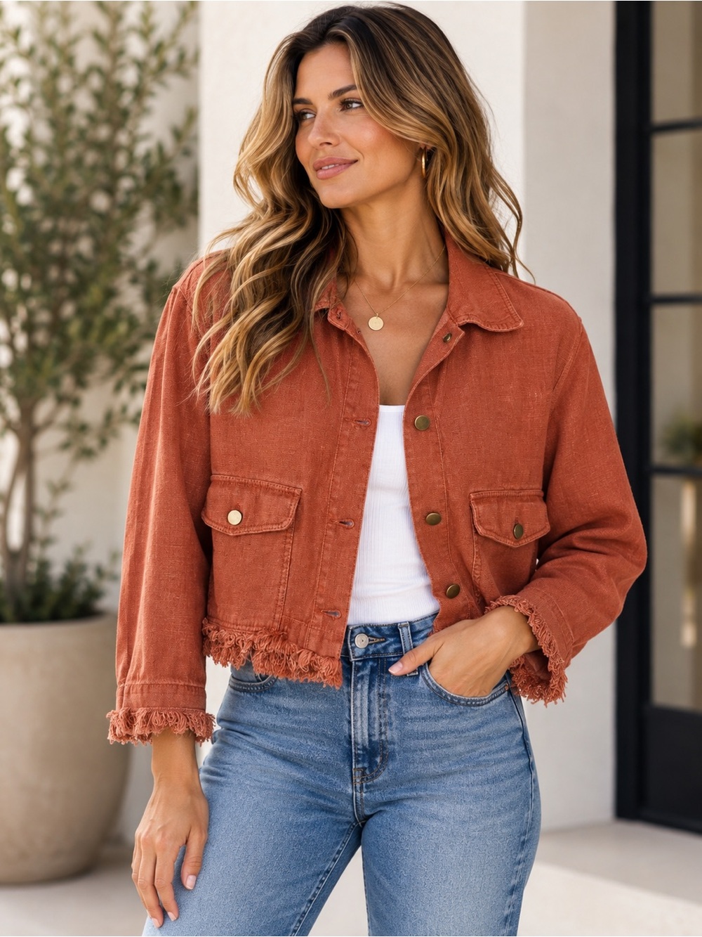 Akris Punto Terracotta Orange Linen Fringe Utility Jacket Frayed Hem Jacket